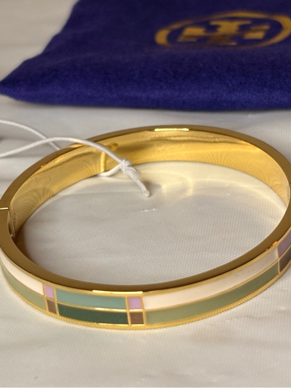 Tory Burch Gold Tone Multicolor Enamel Logo Bangle - Picture 2 of 8